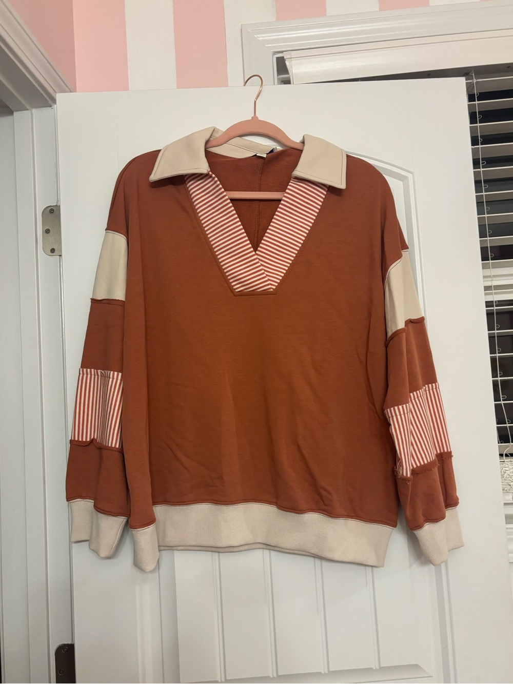 Rust and Cream Stripe V-Neck Pullover